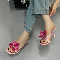 Orchid Flower Square Toe Party Prom Slippers For Woman Mules Shoes Pink Satin Clip On Low Heels Beach Flip Flops