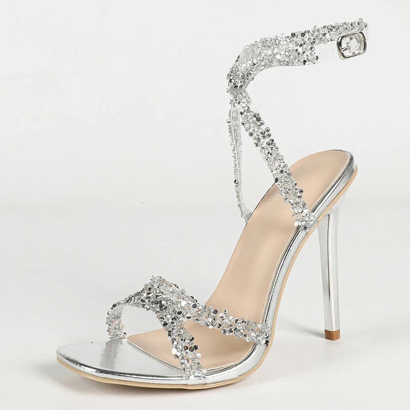 Elegant Woman Wedding Party Shoes Summer Sequined PVC Cross Strap Sandals