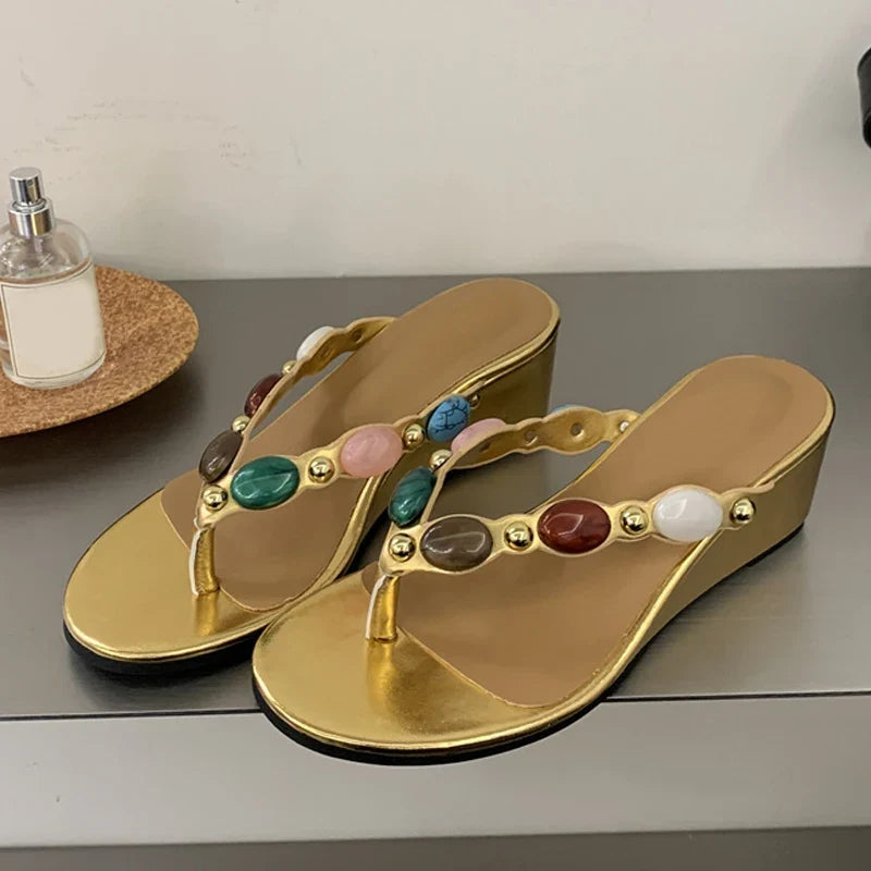 Bohemian Style Colour Gem Strap Designer Slides Women Clip Toe Wedge Slipper