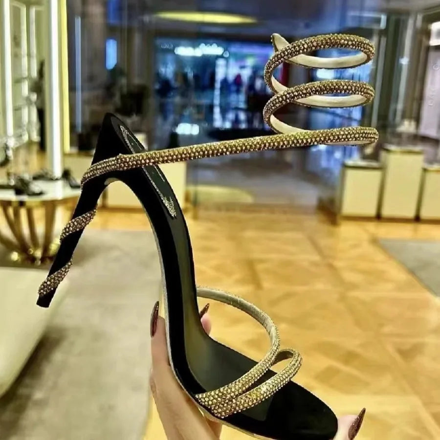 European and American Summer High Heels Thin Heel Rhinestone One Word Belt Sandals