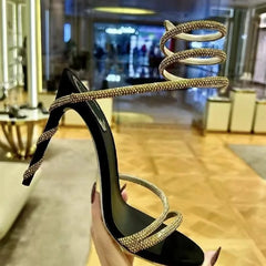 European and American Summer High Heels Thin Heel Rhinestone One Word Belt Sandals