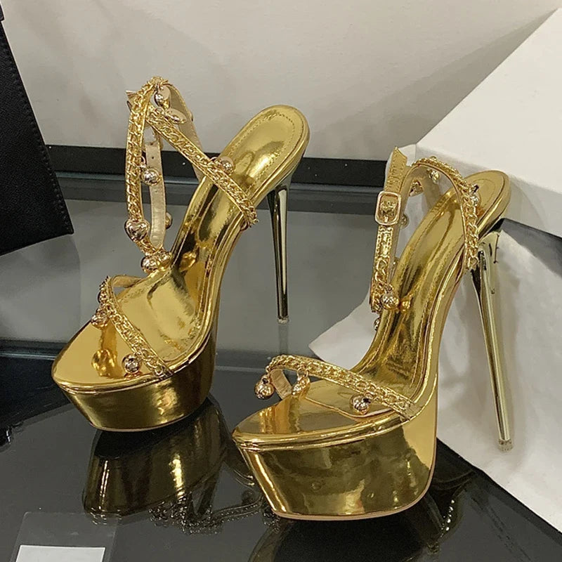 Design Heart Bell Pendants Chain Ankle Strap Women Sexy 16CM Gold Sandals