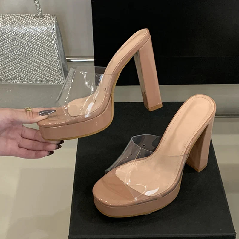 Summer Square Toe 12CM Thick High Heels Platform Slippers Ladies Chunky Sandals