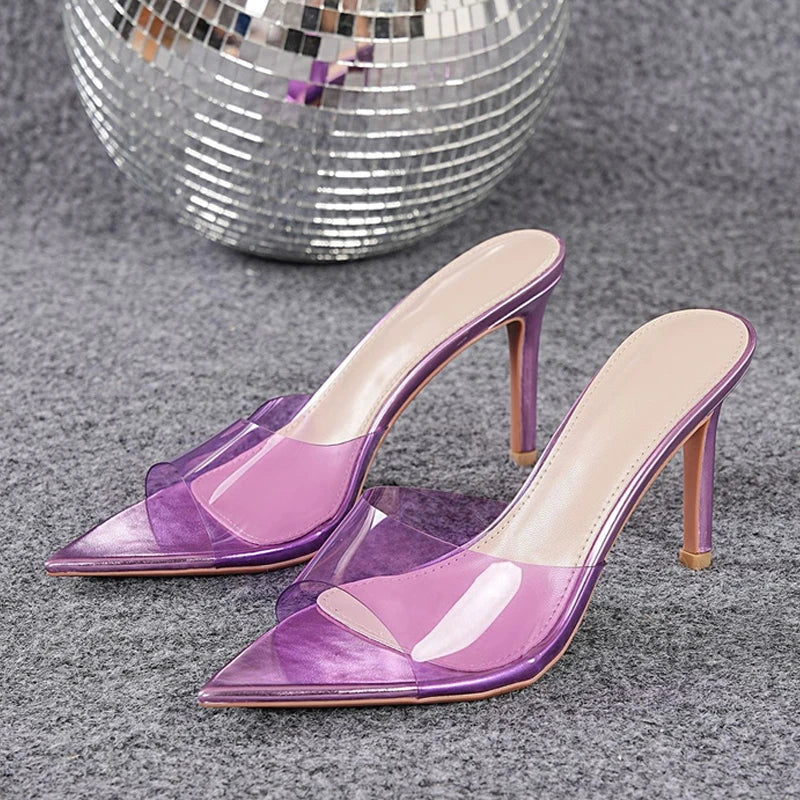 Green PVC Transparent Jelly Shoes For Women Sexy Pointed Open Toe Shallow Slider Slippers Ladies Sandals
