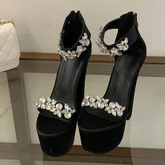 Runway Style Black High Heels Chunky Platform Sandal Women Crystal Diamond Ankle Strap Zip Banquet Party Prom Shoe