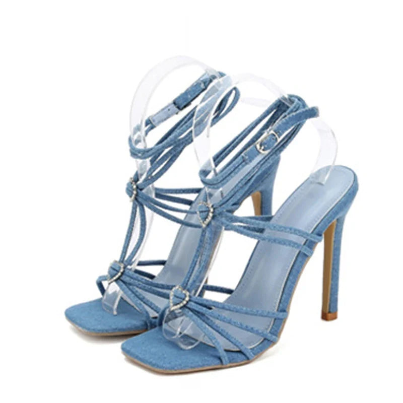 Rhinestone Buckle Narrow Band Sandals