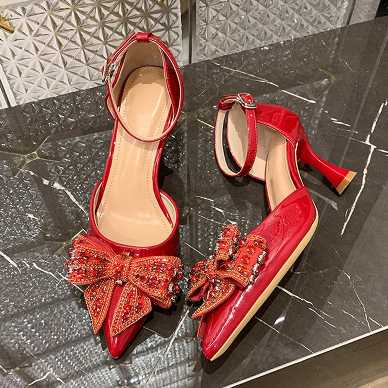 Rhinestone Bowknot High Heels Wedding Party Prom Shoes Elegant Pointed Toe Slingback Sandals