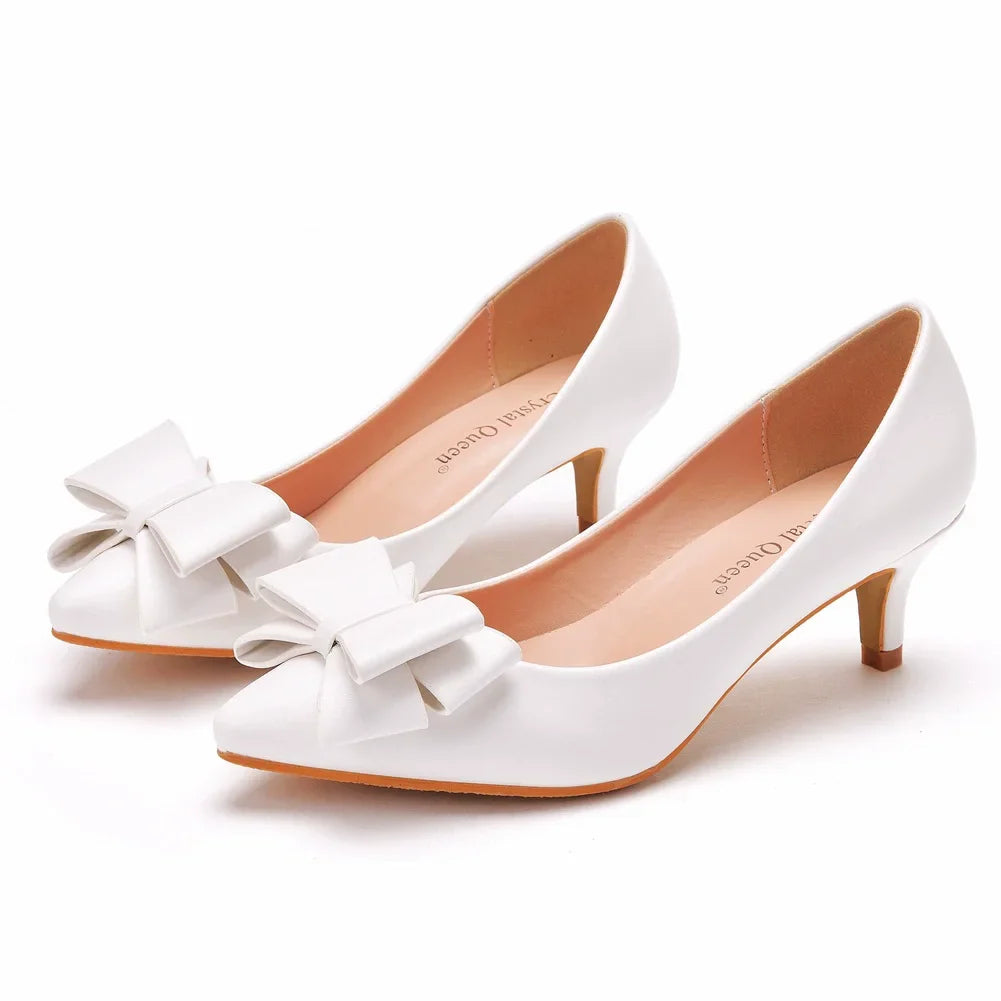 Spring pointed toe shallow mouth white leather bow low-heeled flat single shoes banquet large size thin high-heeled women's shoe