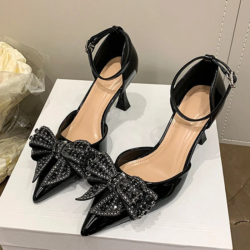 Rhinestone Bowknot High Heels Wedding Party Prom Shoes Elegant Pointed Toe Slingback Sandals