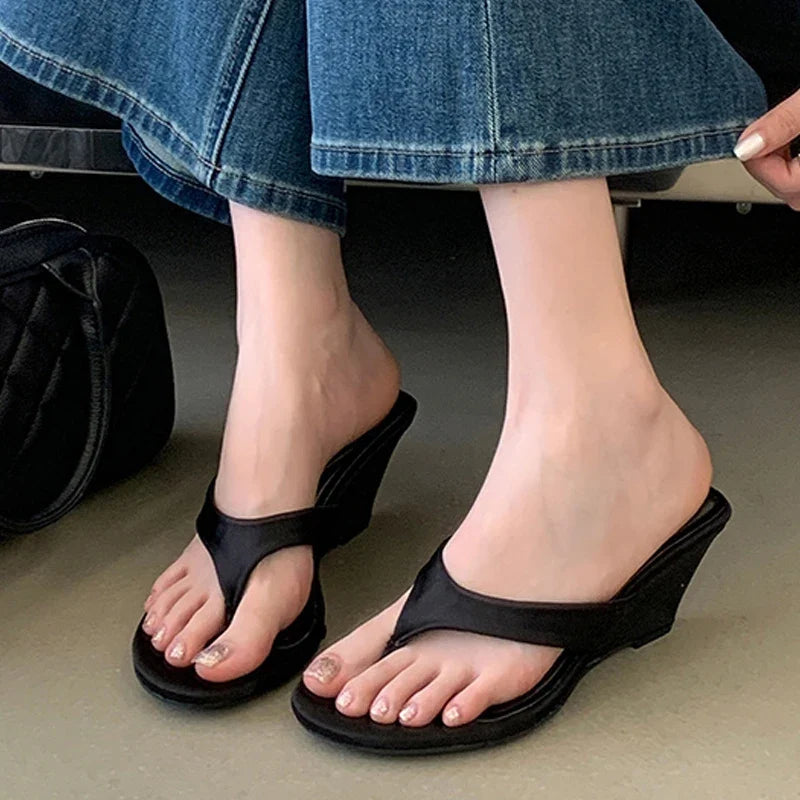 Brand Wedge Heel Slipper Slides Women Clip Toe Flip Flops Narrow Band Sandals