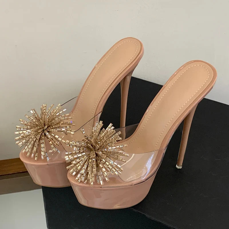 Design Rhinestone Flower Open Toe Show Platform High Heels Transparent Slippers