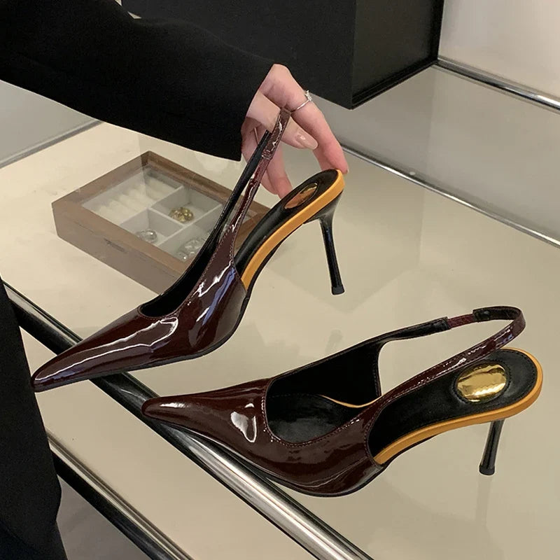 Designer Brown Patent Leather Sexy Pointed Toe Slingback Sandals