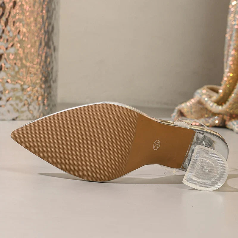 Strange Style Perspex Transparent Heels For Woman Crystal Buckle Pointed Toe Wedding Prom Shoes Women Pumps