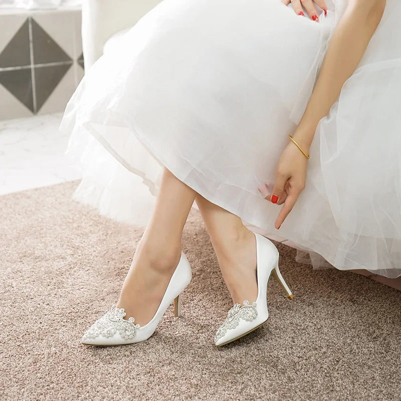 Spring pointed toe shallow silk surface rhinestone buckle wedding shoes banquet large size small size high-healed women's shoes