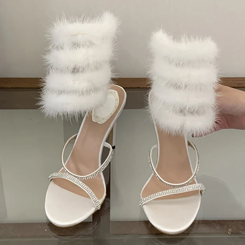 Star Style White Feathery Fur Snake Twine Around Ankle Strap Sandals