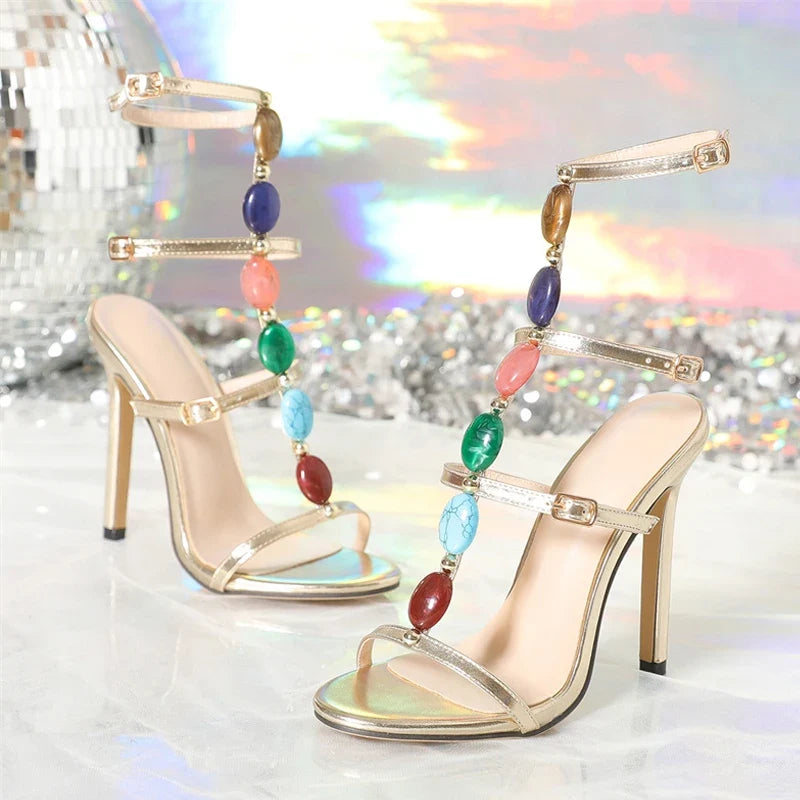 Bohemian Style Colour Gem Strap Designer High Heels Gladiator Sandals