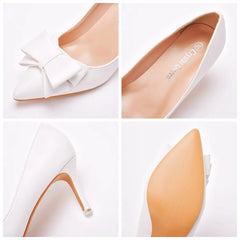Spring pointed toe shallow mouth white leather bow low-heeled flat single shoes banquet large size thin high-heeled women's shoe
