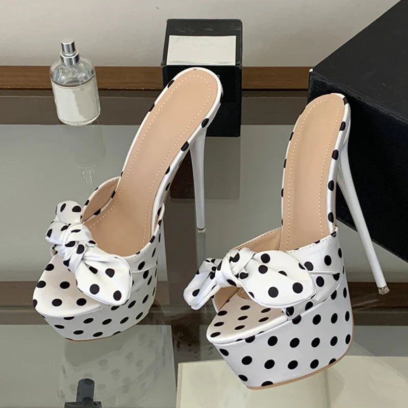 Cute Style Polka Dot Silk Bowknot Peep Toe 16CM Super High Heels Slippers