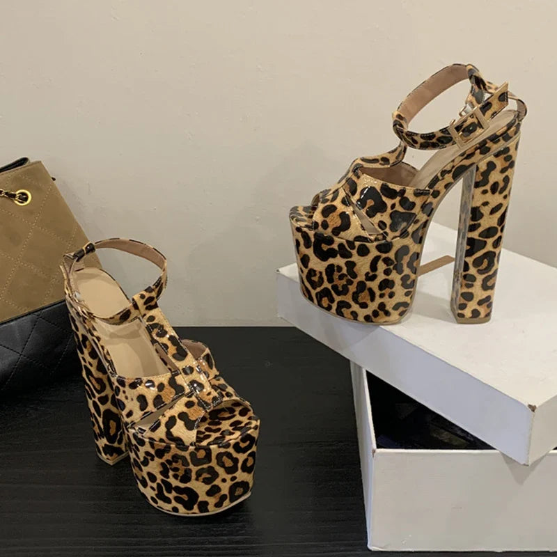 Sexy Leopard Print Patent Leather Chunky Platform Sandals