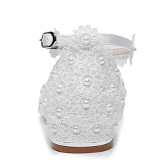 pointed toe hollow white pearl lace flower square heel wedding shoes banquet large size flat women sandals