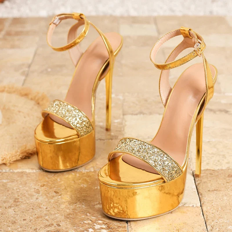 Model Show Sexy Gold Super High Heels Platform Sandals