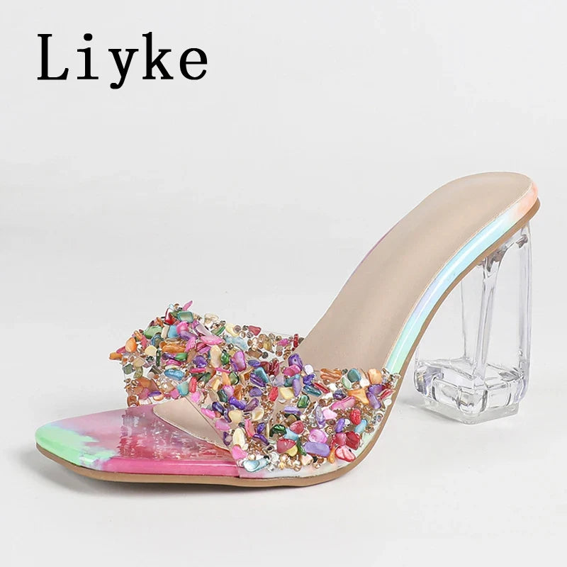 Mixed Colors Rhinestone Women Slippers Transparent Square Fretwork Heels Sandals