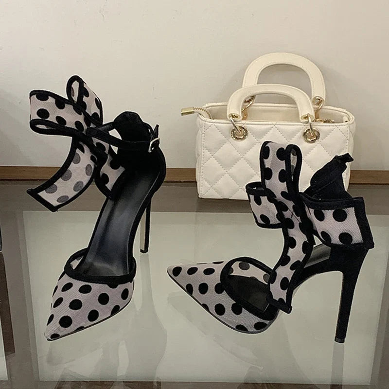Design Polka Dot Mesh Pointed Toe Stiletto Heels