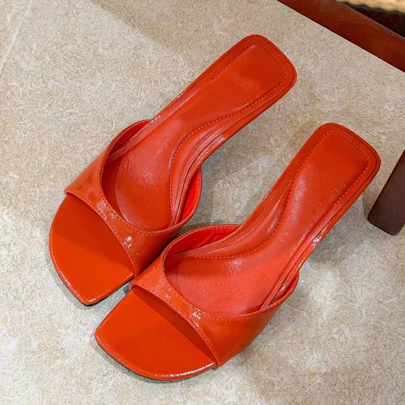 Orange Leather Designer Slides Women Beach Party Shoes Low Thin Heels Slippers Summer Square Toe Gladiator Sandals