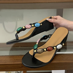 Bohemian Style Colour Gem Strap Designer Slides Women Clip Toe Wedge Slipper