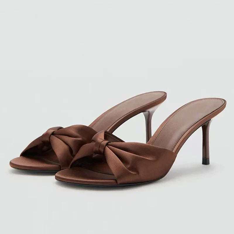 High Quality Brown Pleated Silk Women Slippers Sandals