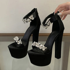 Runway Style Black High Heels Chunky Platform Sandal Women Crystal Diamond Ankle Strap Zip Banquet Party Prom Shoe