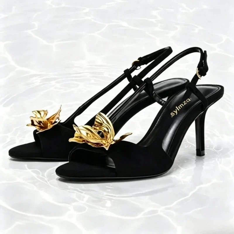 Novelty Metallic Flower Embellished Heeled Sandals