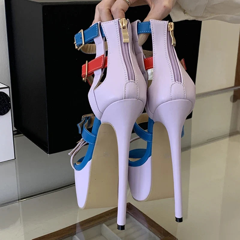 Runway Style Patchwork Mixed Colors One-Line Buckle Sandals