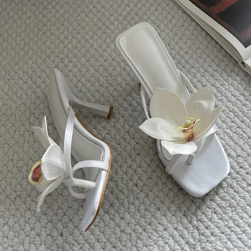 Orchid Flower Square Toe Party Prom Slippers For Woman Mules Shoes Pink Satin Clip On Low Heels Beach Flip Flops