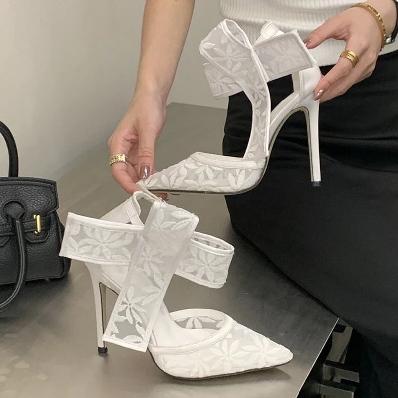 Designer Embroidery Flower Mesh Women Pumps