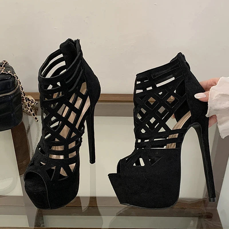 Rome Style Hollow Out Narrow Band Peep Toe Platform High Heels Sexy Party Culb Stripper Shoes Pumps