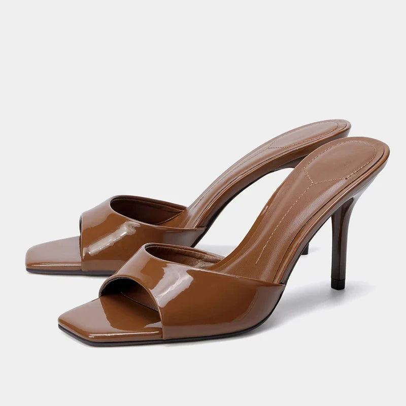 Brown Patent Leather Women Slippers Sandal
