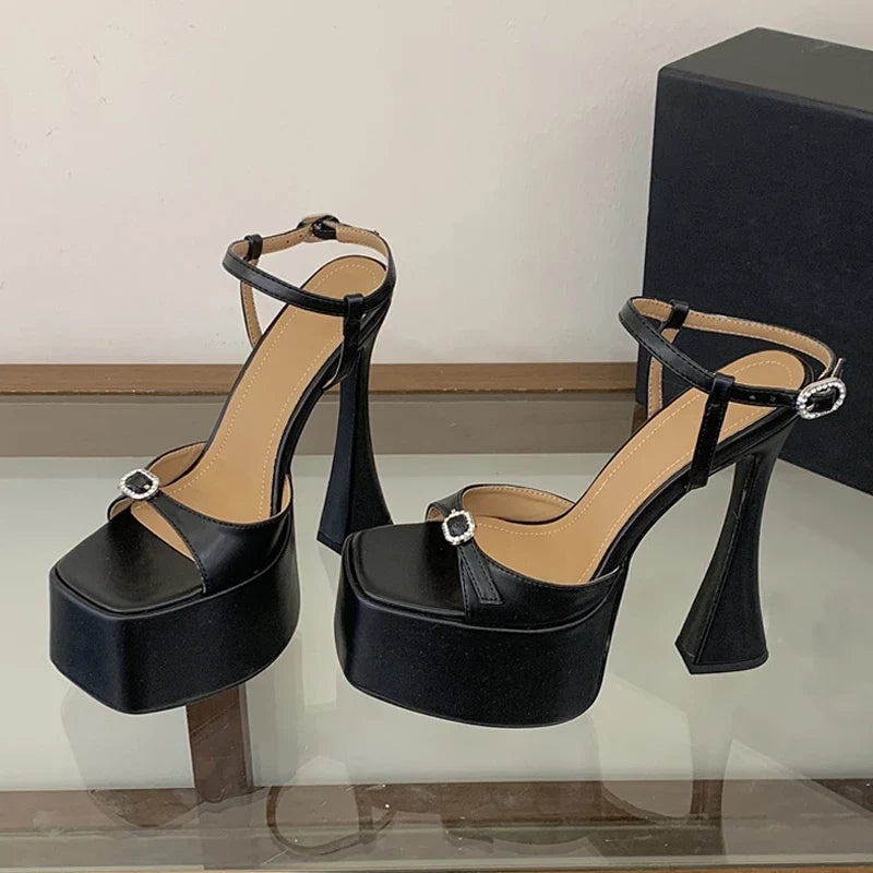 Summer Sexy Thick Bottom Square Toe 16CM Chunky High Heels Wedding Prom Shoe Crystal Buckle Platform Sandals