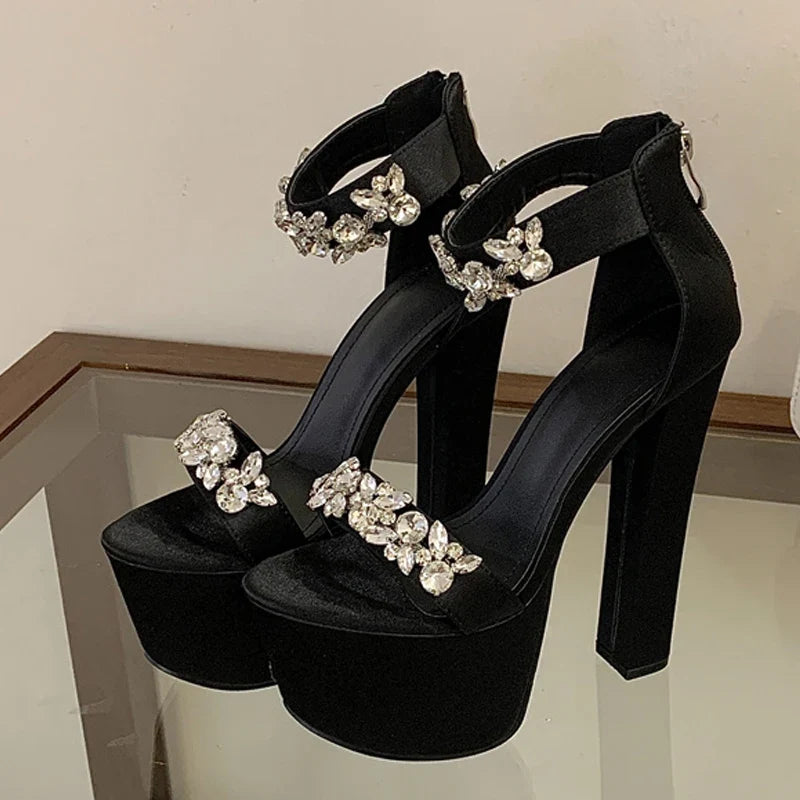 Runway Style Black High Heels Chunky Platform Sandal Women Crystal Diamond Ankle Strap Zip Banquet Party Prom Shoe