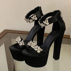 Runway Style Black High Heels Chunky Platform Sandal Women Crystal Diamond Ankle Strap Zip Banquet Party Prom Shoe