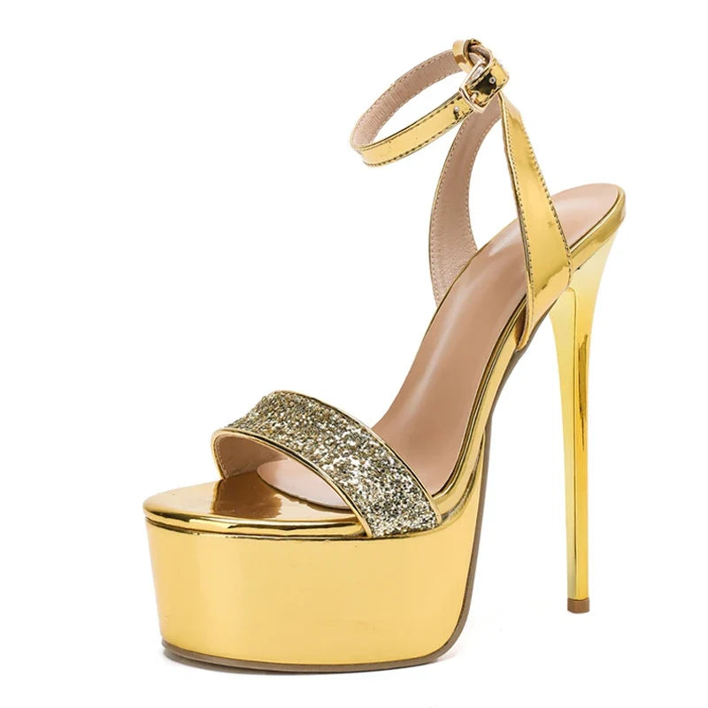 Model Show Sexy Gold Super High Heels Platform Sandals