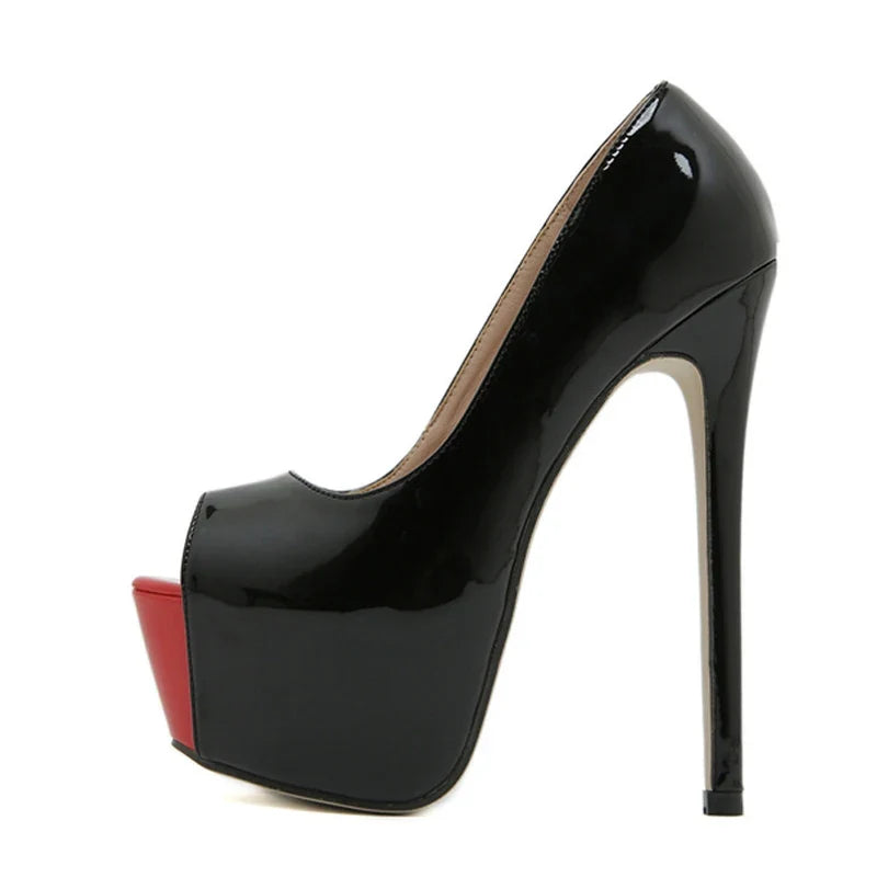 Sexy Black Red Patent Leather Peep Toe 16CM Extreme High Heels