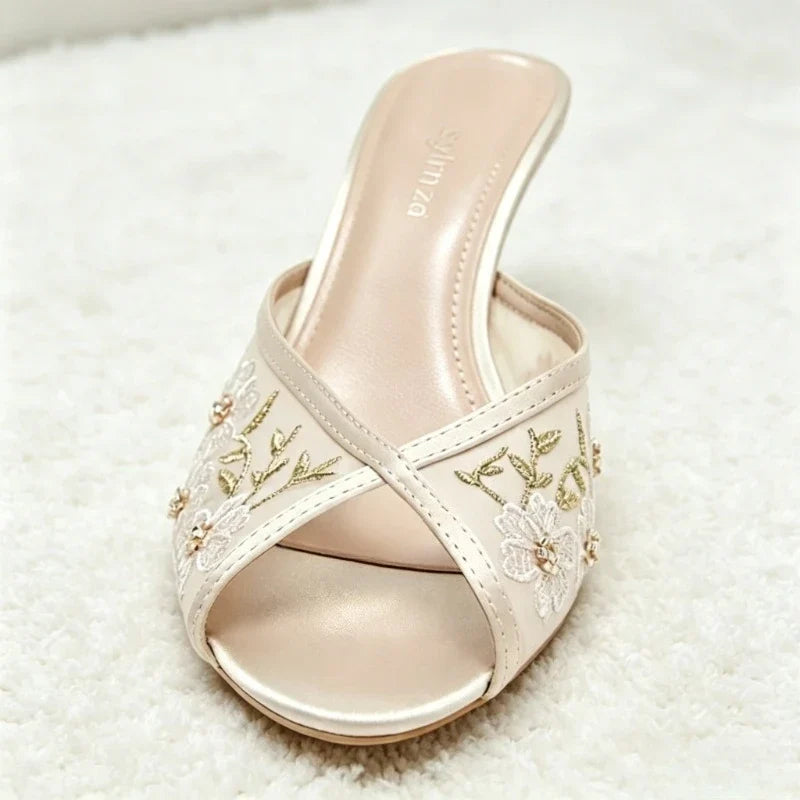 Black Mesh Embroidered Design Stiletto Slippers