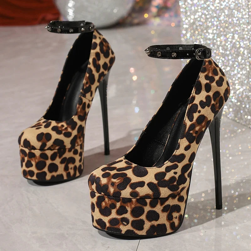 Design Style Leopard Print Buckle Strap Women Pumps