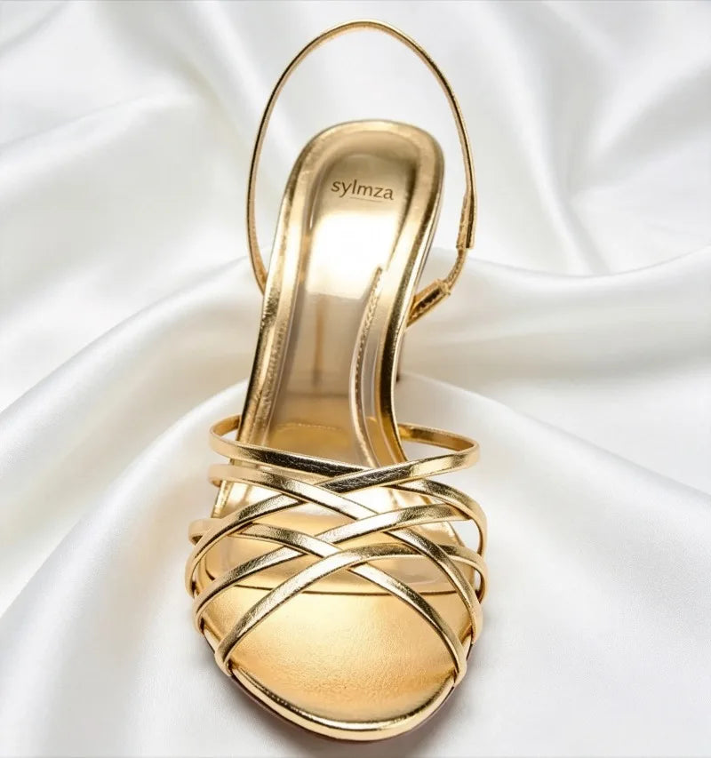 Gold Cross Tied High Heel Sandals