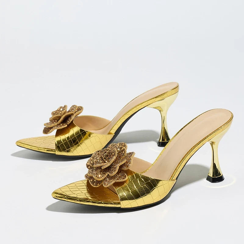 Summer Party Slippers Ladies Crystal Rhinestone Flower Open Toe Low Heels Gold Sandals