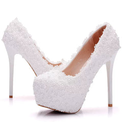 Spring round toe shallow pearl lace flower waterproof table wedding shoes banquet dress large size thin high-heeled women's shoe