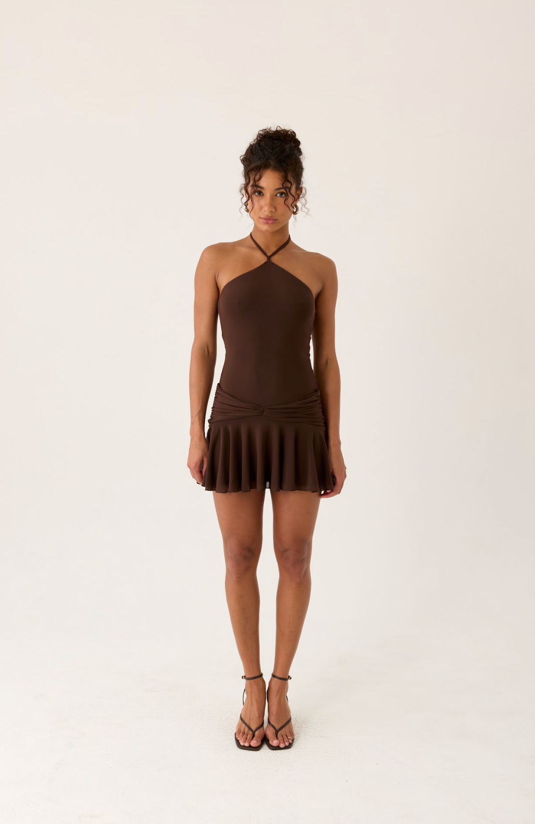Elektra Mini Dress - Chocolate Halter Neck