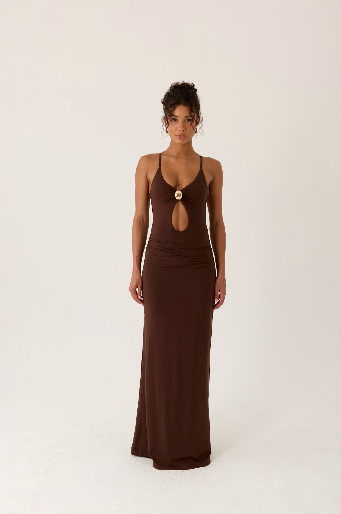 Inez Maxi Dress - Chocolate Keyhole Gold Detail