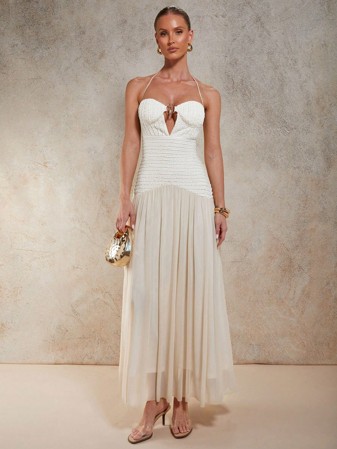 Lucinda Halter Pleated Maxi Dress - Cream